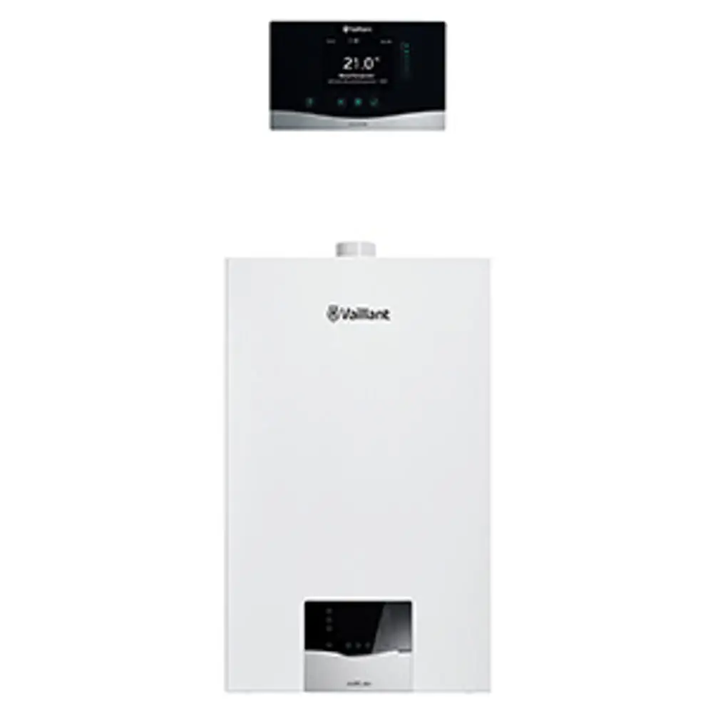 Weißes Heizgerät von Vaillant mit digitalem Thermostatdisplay, das Temperaturen anzeigt. Das Gerät scheint für die Heizungssteuerung konzipiert zu sein.